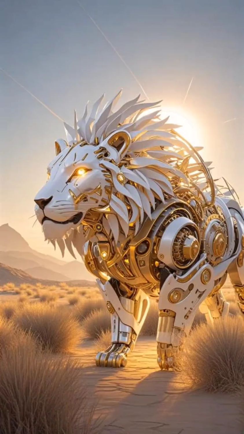 未来科技感十足的机器人狮子,行走在沙漠之中,散发着光芒!
