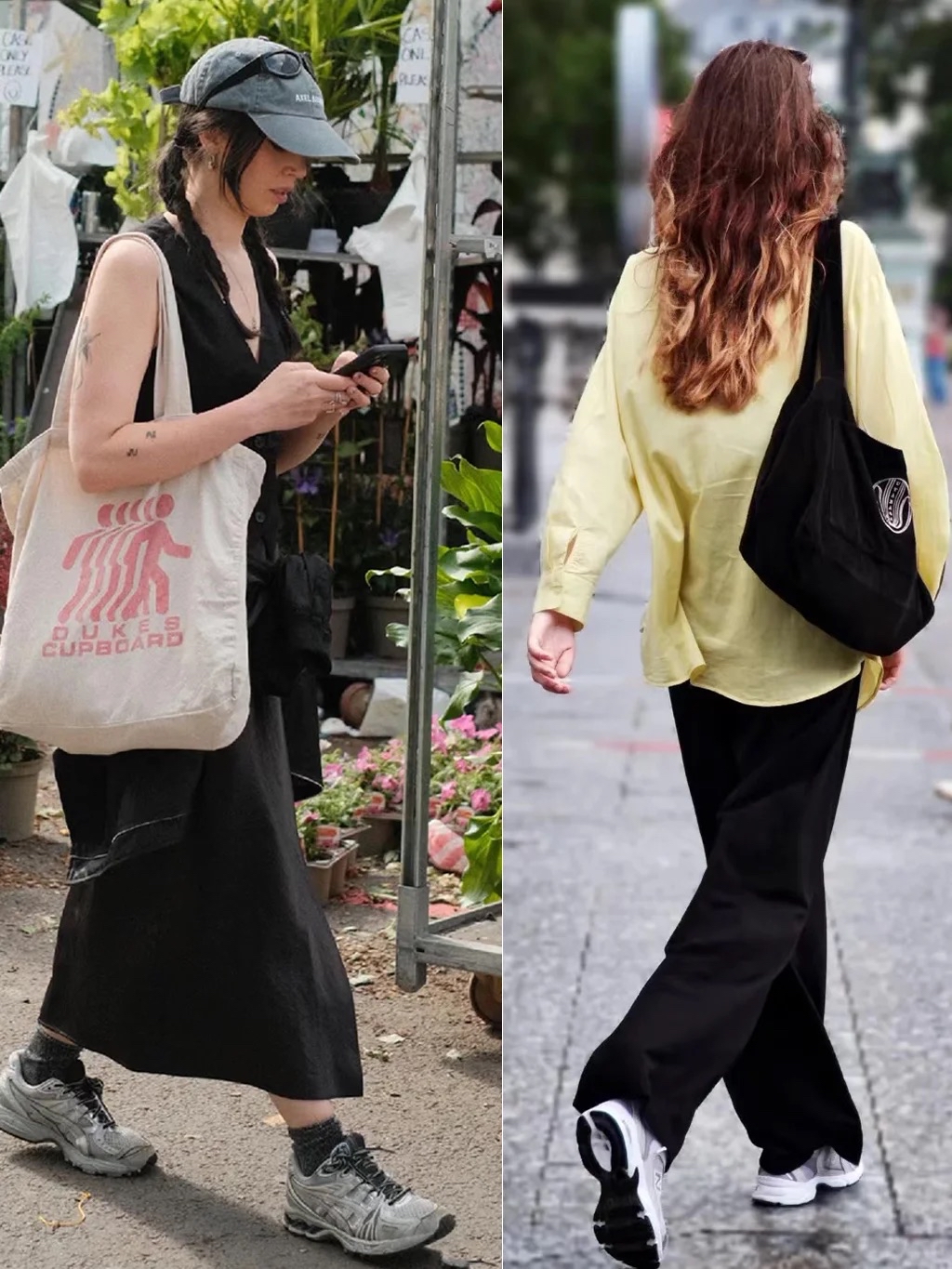 她们的帆布包大多都是细长肩带,而且包包也是大容量的款式,这样背