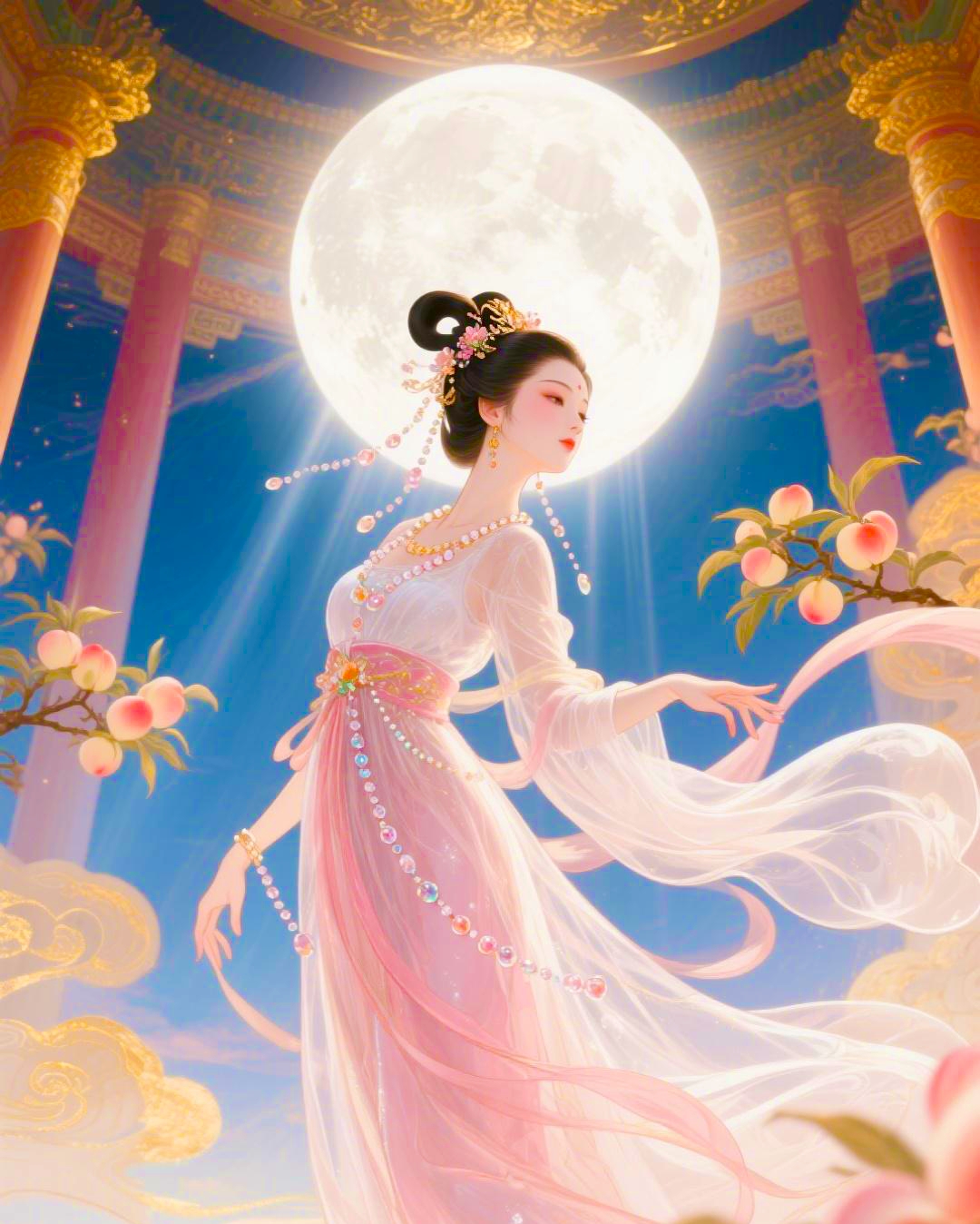 漂亮的嫦娥奔月矢量图,她那婀娜多姿的身材,肩上披着彩带,显得非常的