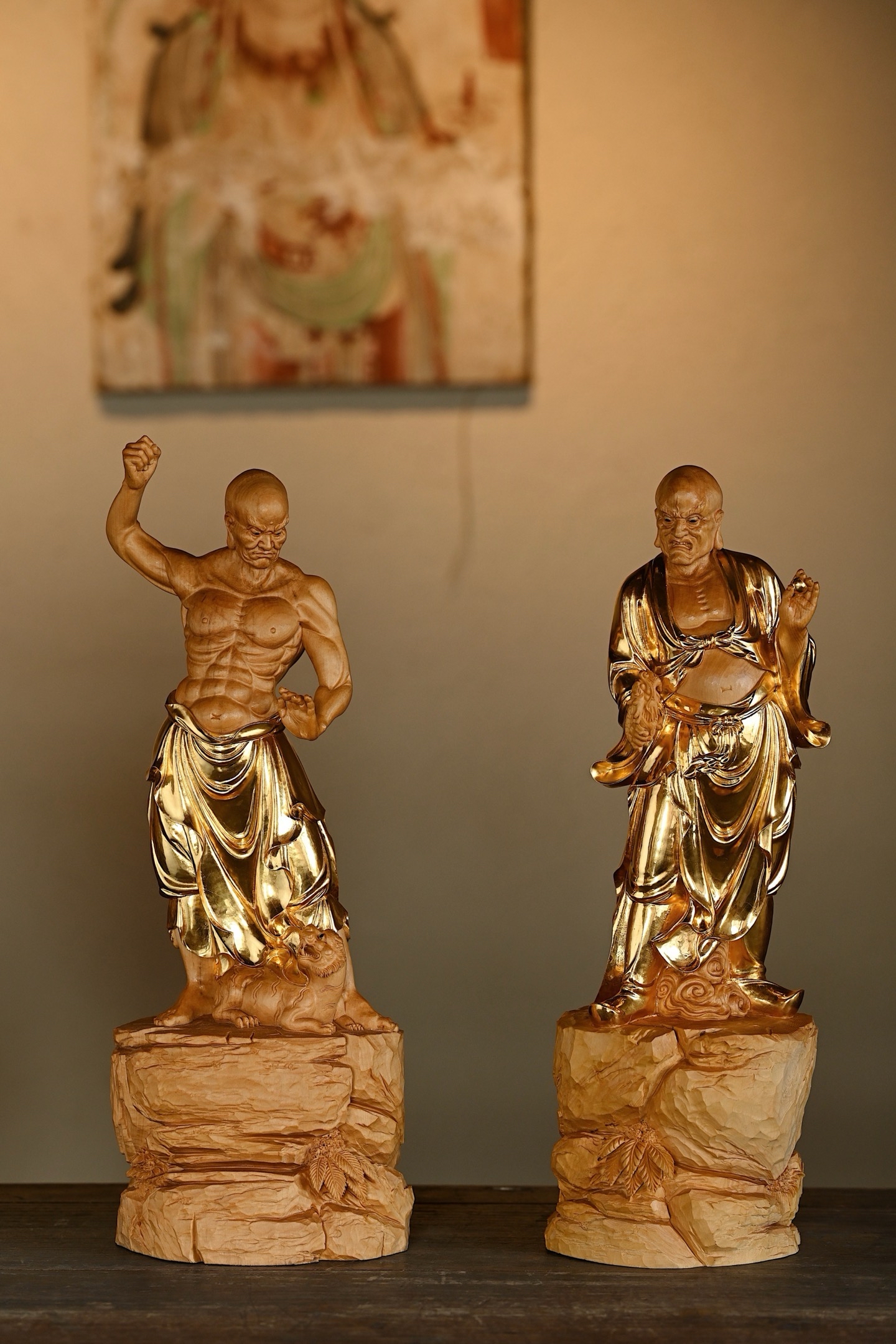 黄杨木x鎏金"降龙,伏虎"罗汉