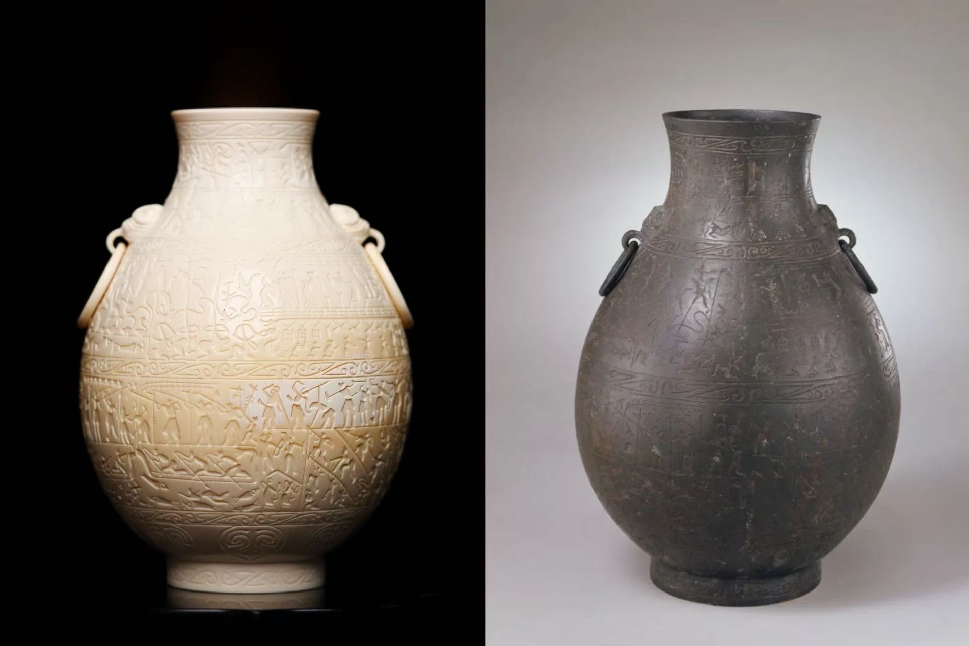 矮圈足,肩上有二兽首衔环孔子博物馆象纹壶宴乐渔猎攻战铜壶战国宴乐