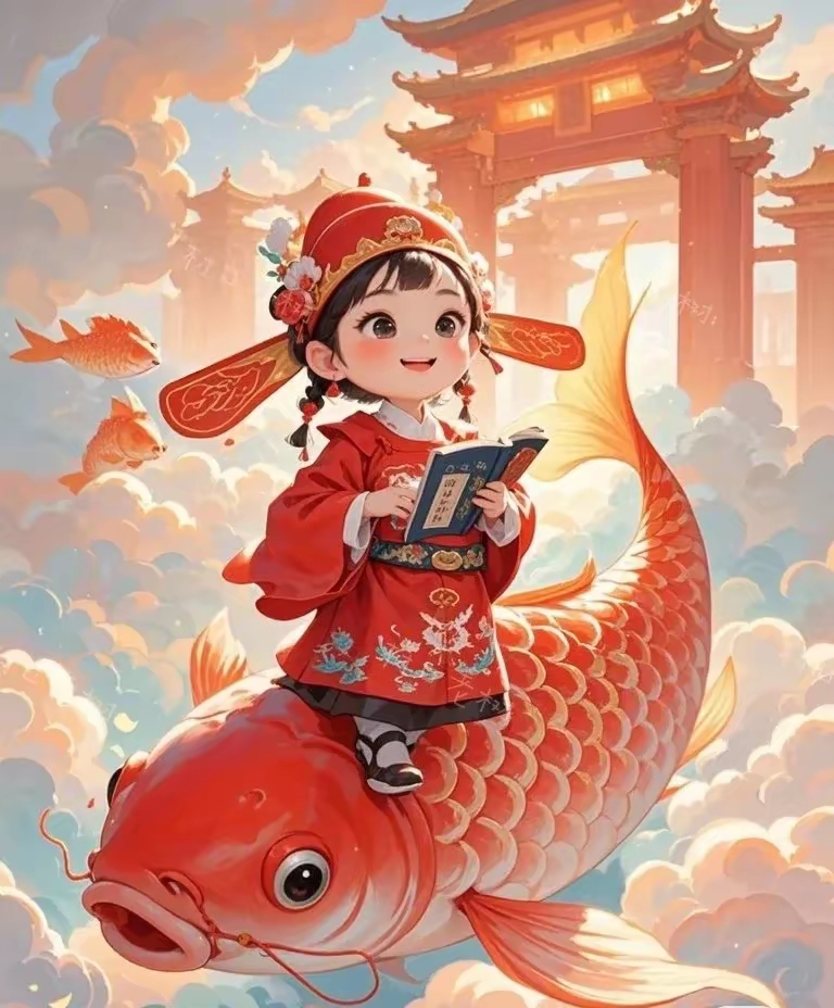 头像:孩子骑鲤鱼跃龙门,愿您孩子逢考必过,金榜题名,光宗耀祖