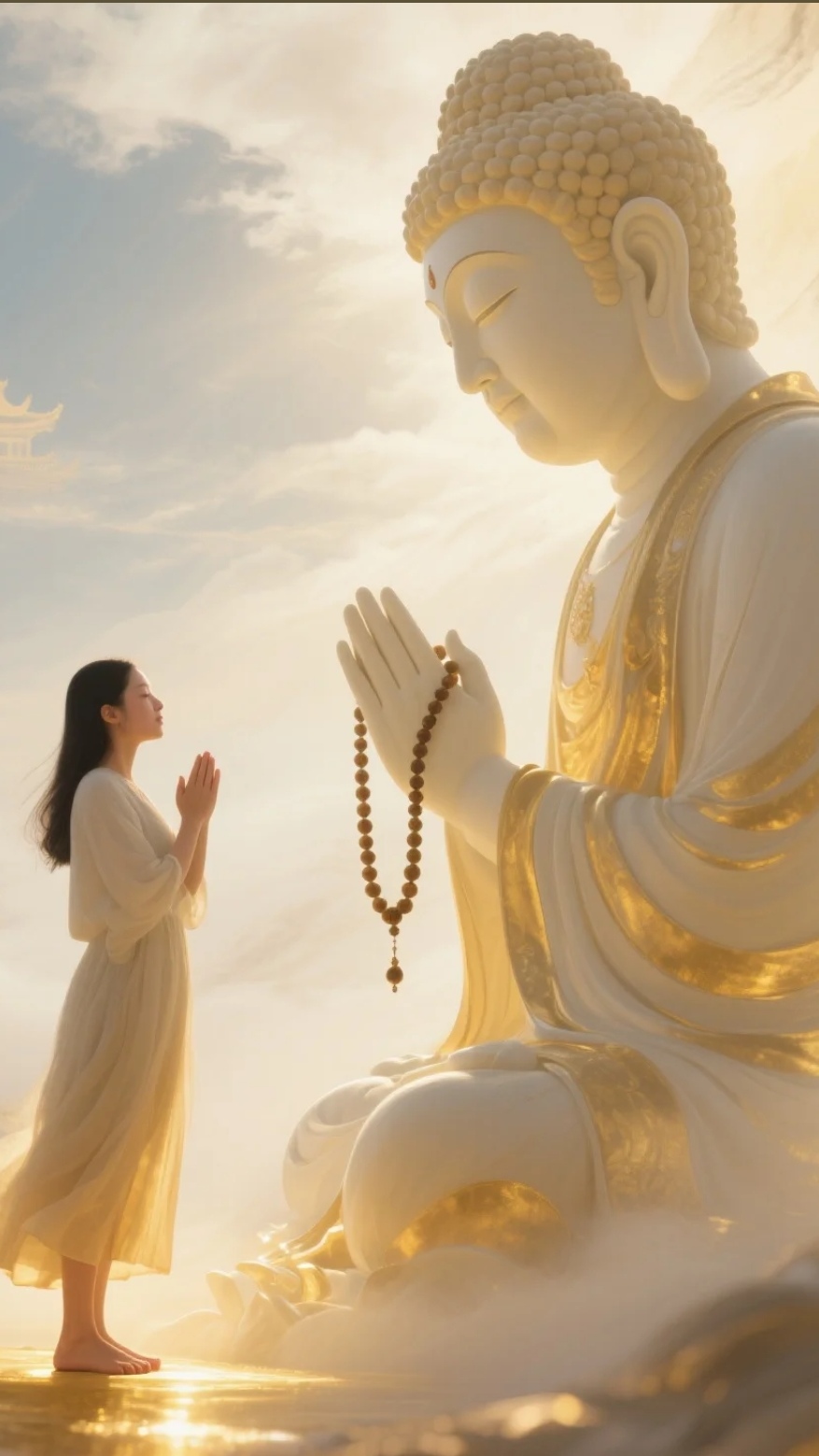 她赤脚站立,双手合十,面向一尊巨大的佛像虔诚祈祷