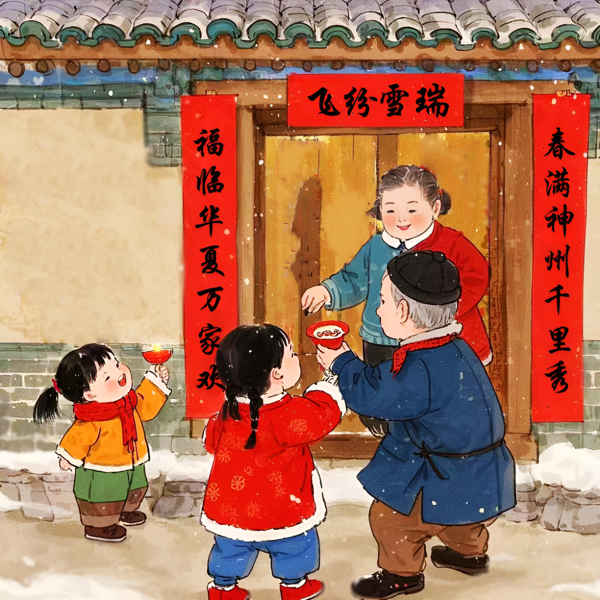 稚子争糖,高堂笑倚,玉馔金炉暖画堂