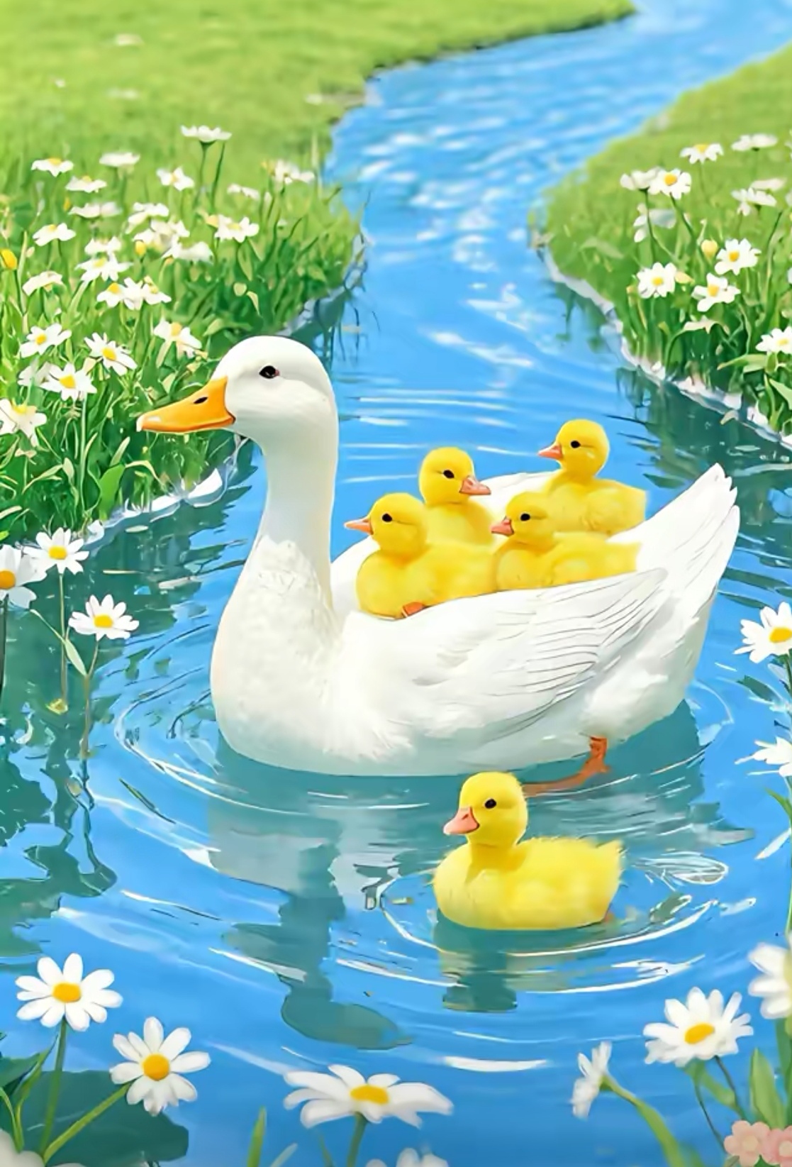 春日暖阳下,一只白鸭妈妈,带着5只毛绒绒的小黄鸭出游