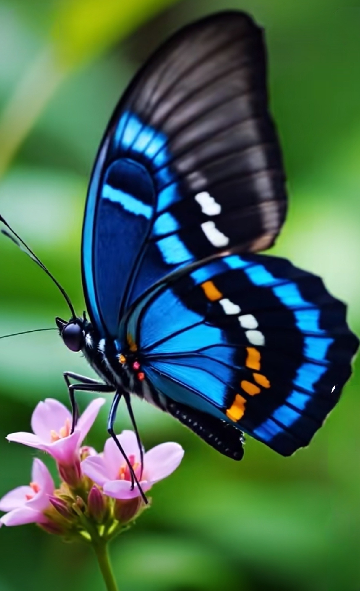 微风拂过花丛,蓝色花蝶像灵动的精灵,轻盈地落在粉色花朵上