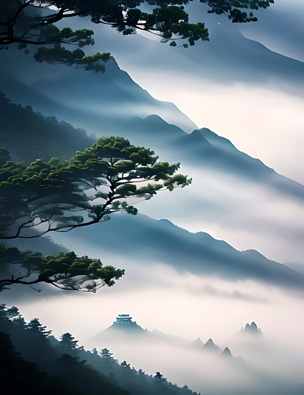 那些笼罩在山头的云雾,就像是戴在山顶上的白色绒帽;那些缠绕在半山的