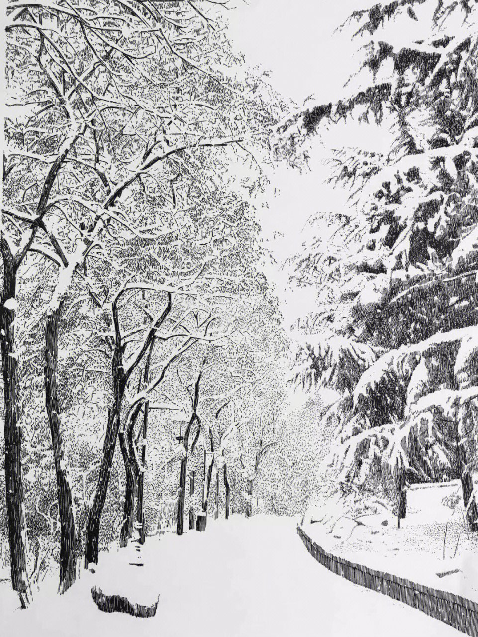 钢笔画雪景图片