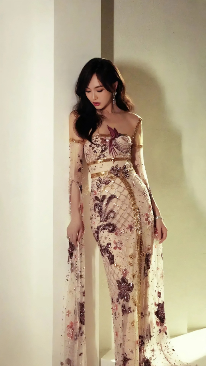 唐嫣紫色刺绣礼服优雅美丽,礼服上镶嵌的珠片使礼服更有层次感,展现出