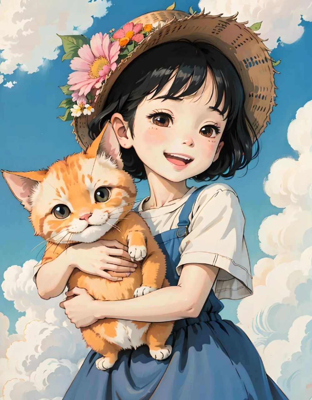 世界很烦,但你很可爱,蓝天白云,一人一猫,与猫逗趣,笑来怀.