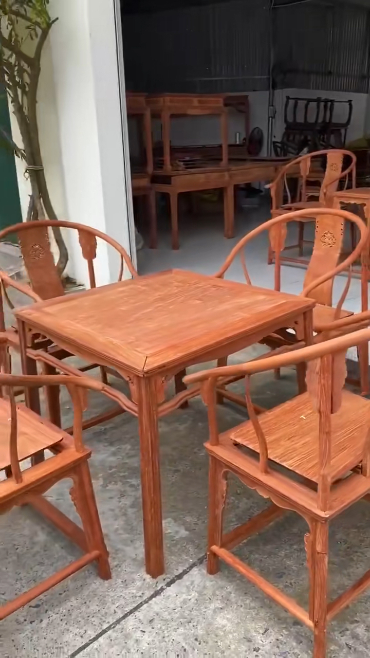 缅甸花梨(大果紫檀)独板圈椅四方桌五件套,榫卯结构工艺