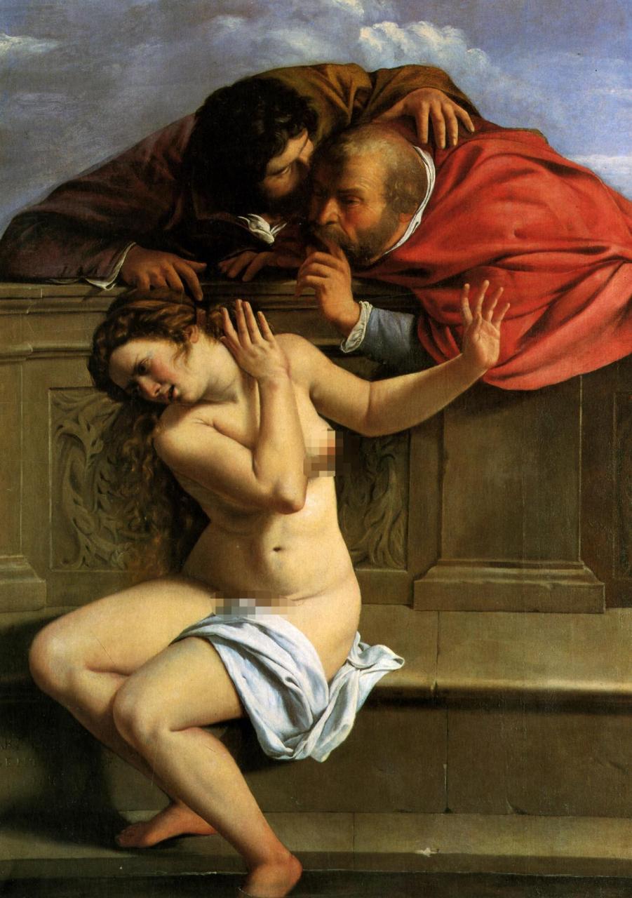 历史名画《苏珊娜和长老》,画中展示了两名男子偷窥苏珊娜洗澡,此举令
