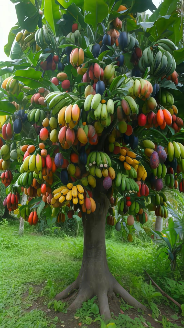 上面是香蕉叶,树杆又不像香蕉树杆,挂的又是彩色香蕉状的水果,真是太