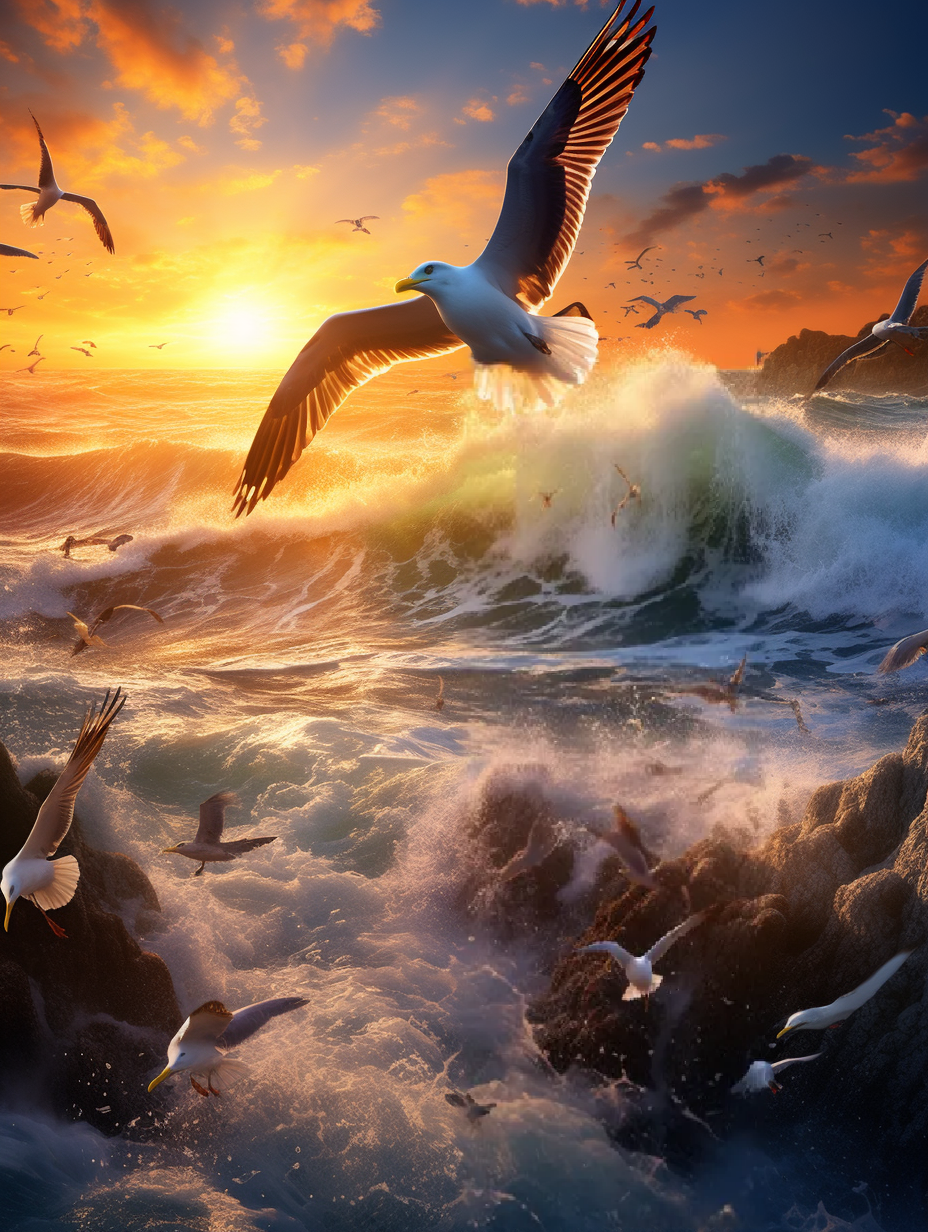 ai绘画|大海·夕阳·海鸥