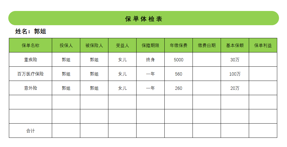 保单体检表模板图片