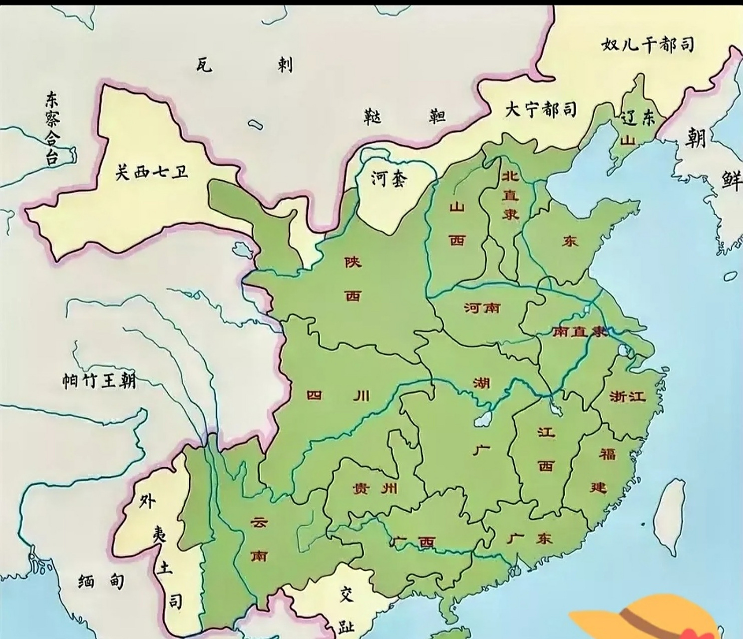 浅色是大明巅峰时控制的领土,朱棣自己放弃了大宁和河套,他孙子朱瞻基