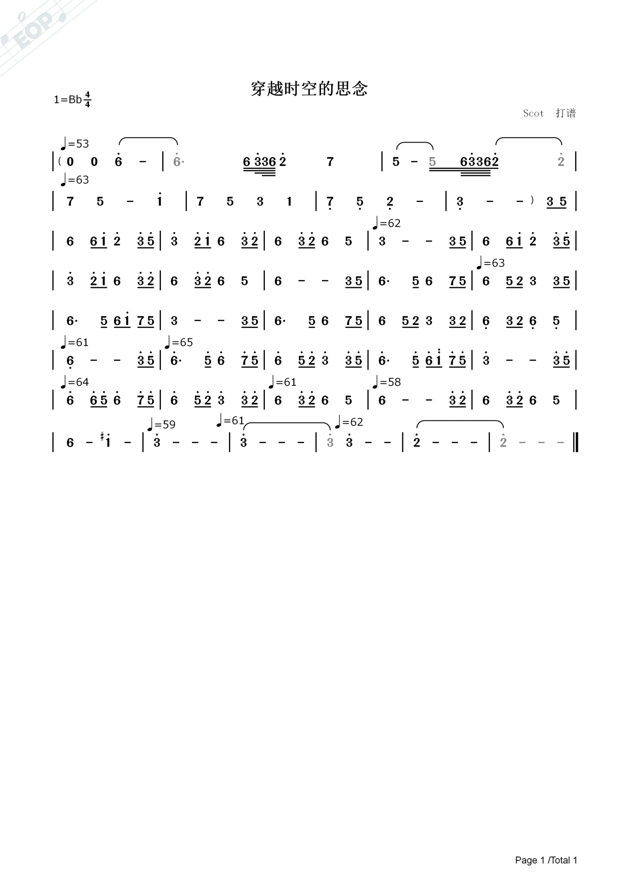 「纯音乐」穿越时空的思念——简谱(高清图)