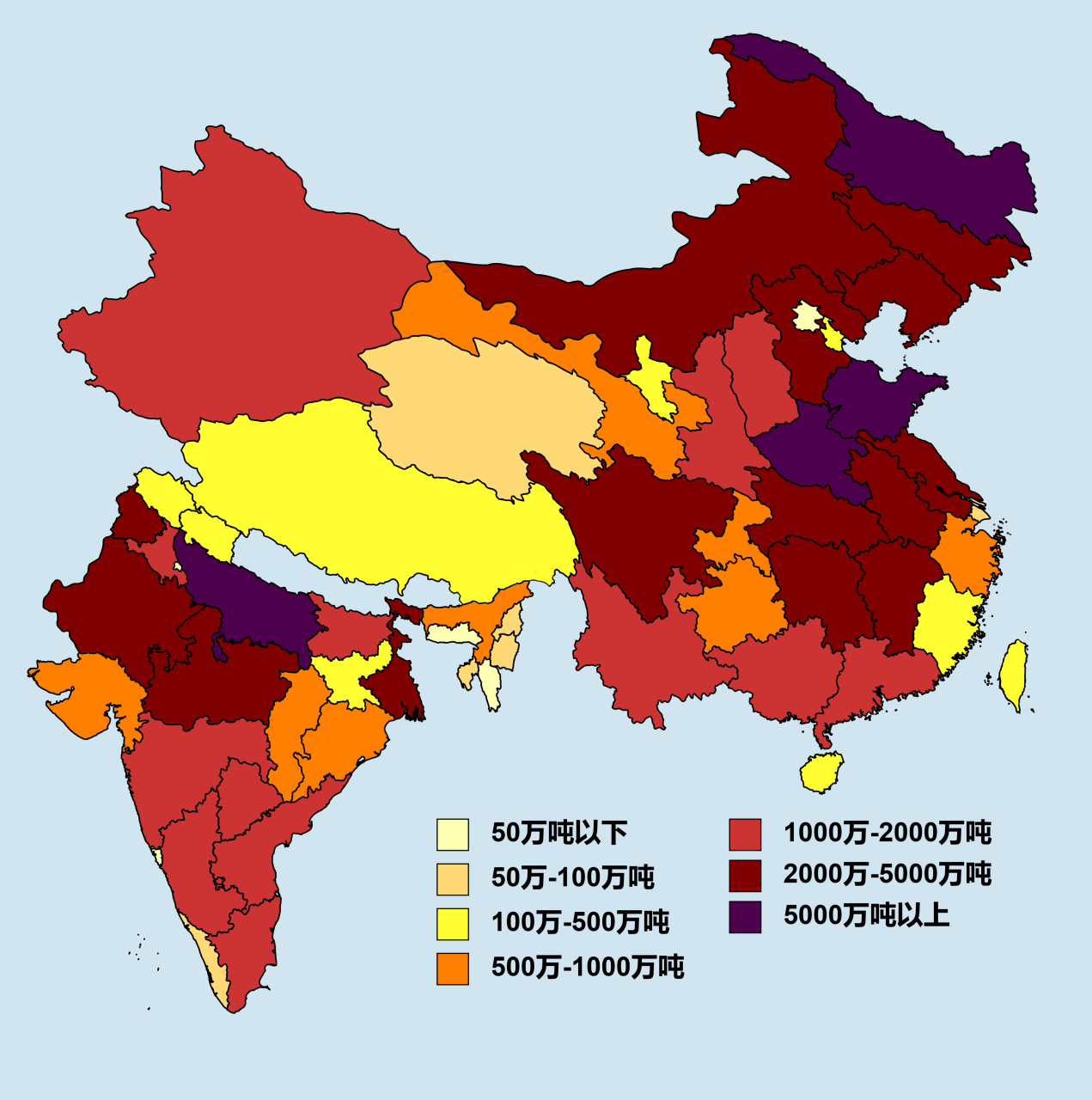2021年中国和印度一级行政区粮食产量.