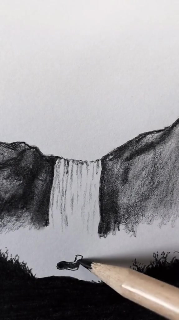 铅笔画;看大瀑布也!