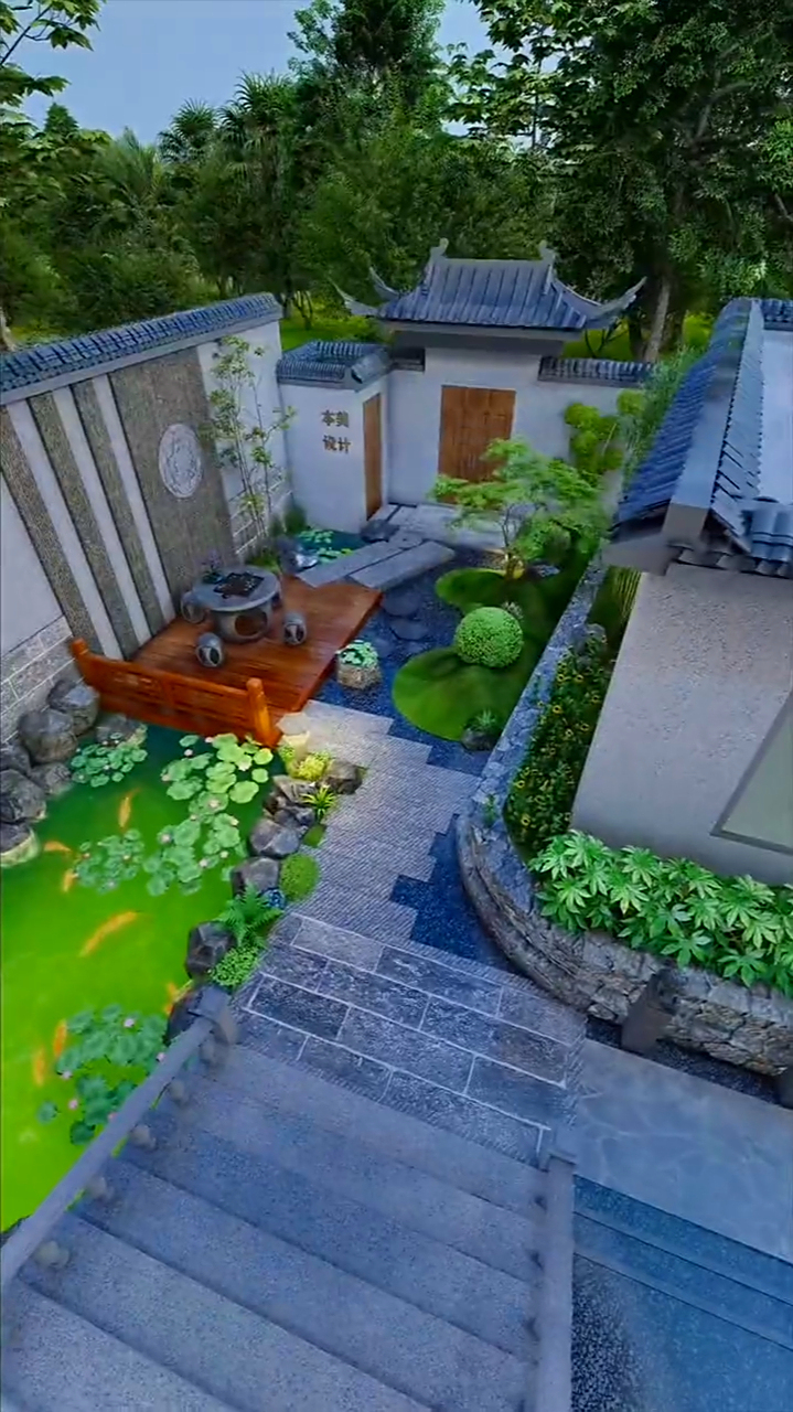 别墅前院设计,赏鱼喝茶更惬意 花园设计 别墅设计 庭院景观