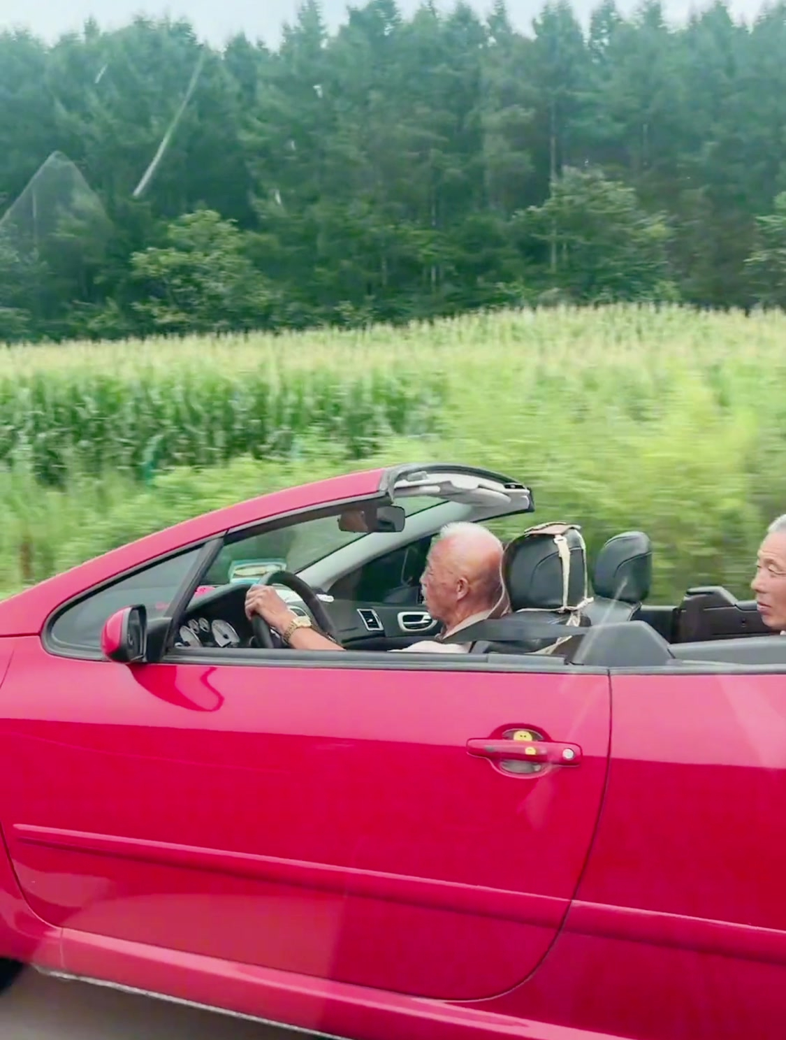 网友偶遇潇洒大爷开敞篷车在高速上兜风