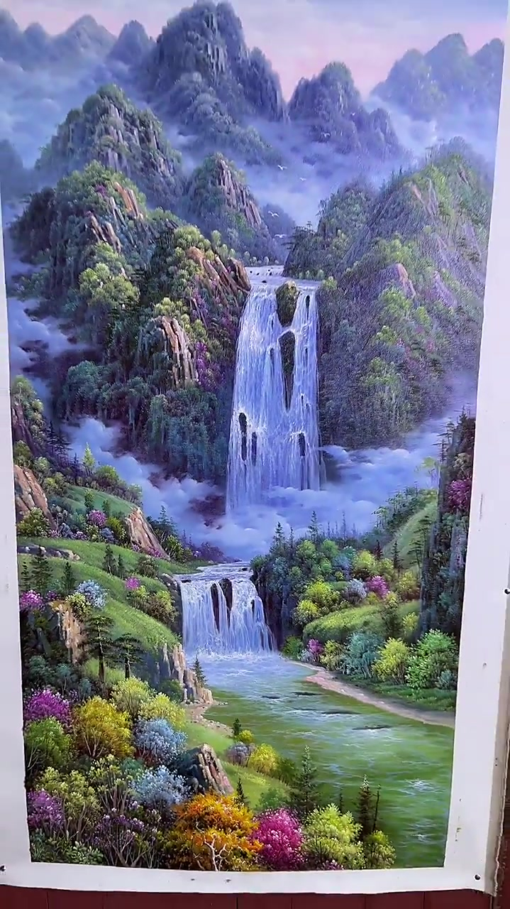 手绘油画,高山流水风景画