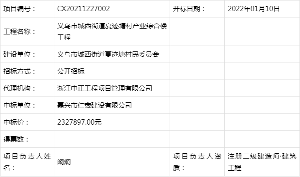 義烏市城西街道夏跡塘村產業綜合樓工程中標結果公告