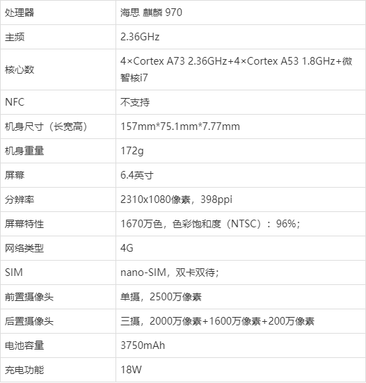 荣耀nova4参数图片