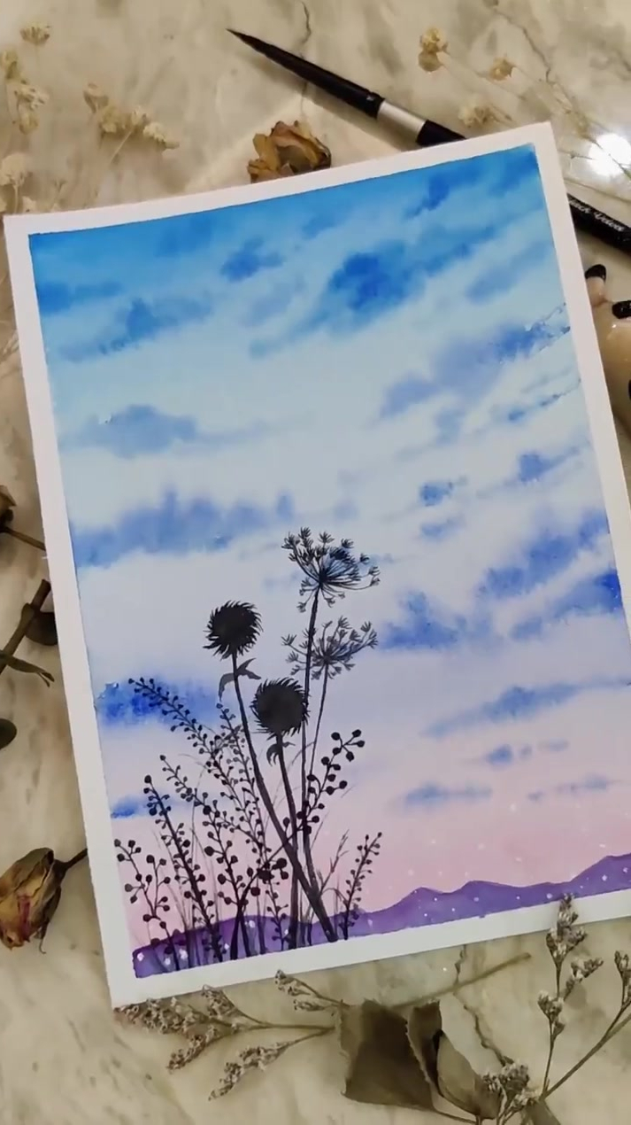 简单水彩画暮色天空小景视频