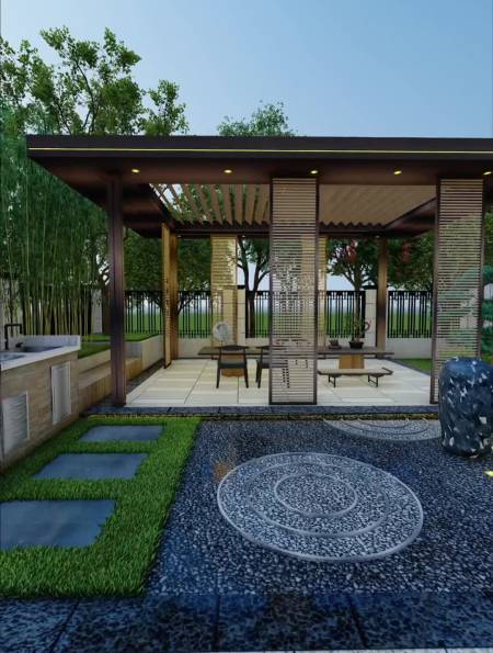 枯山水禅意庭院凉亭休闲区花园设计-度小视