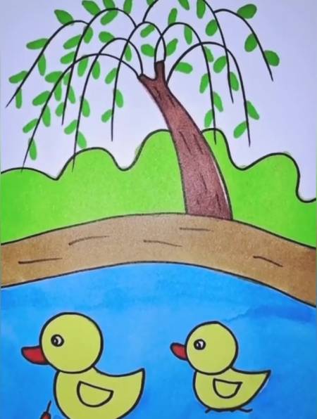 小鸭子游泳的简笔画图片
