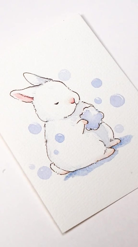 洗澡的小兔子水彩稿,可爱到底