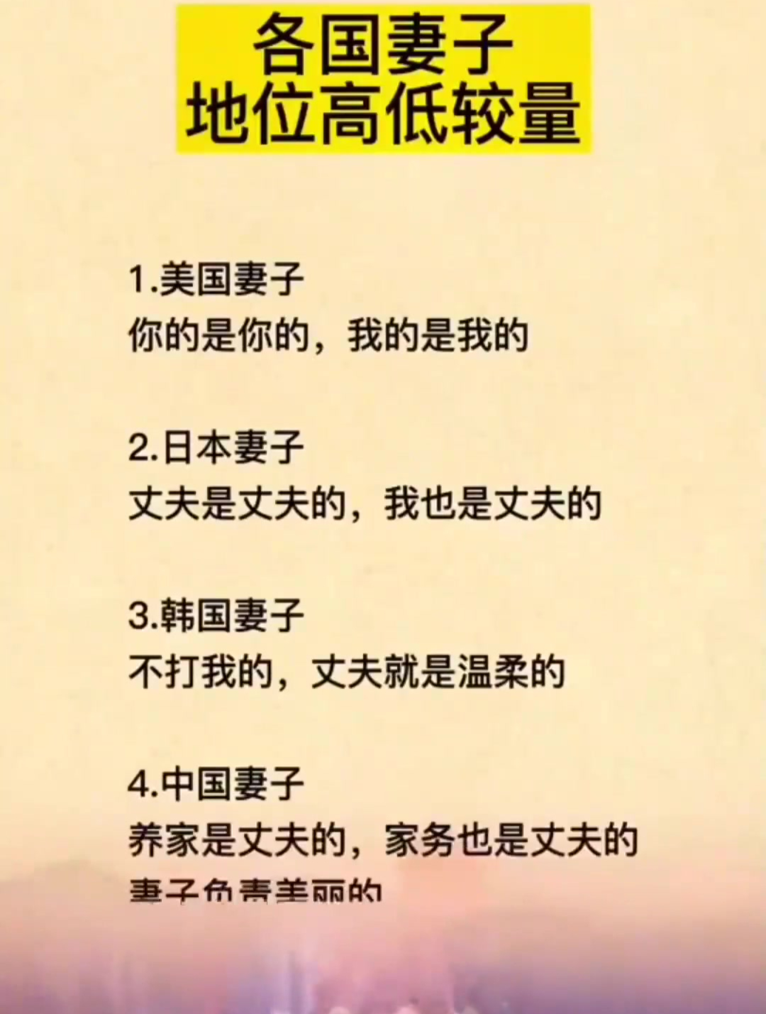 各国妻子地位高低较量,你的地位是什么