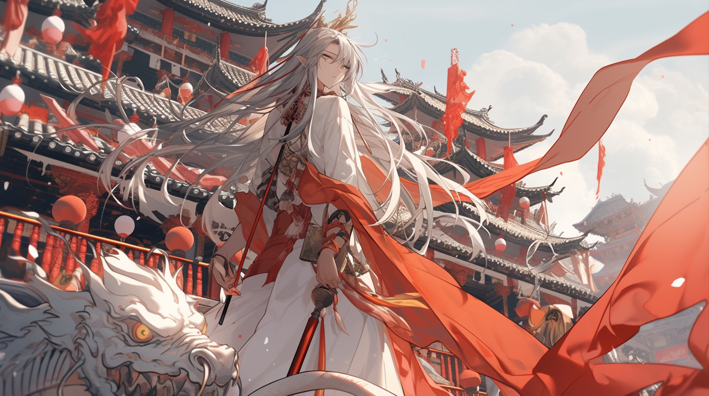 古风红绸白衣执剑人