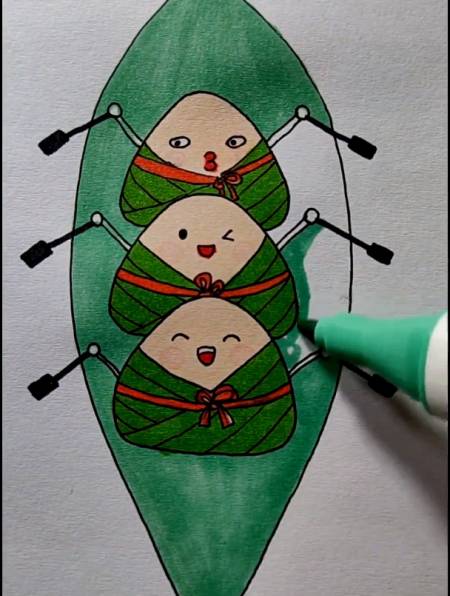 画三个可爱的小粽子在划龙舟,简笔画 端午绘画 粽子简笔画-度小视