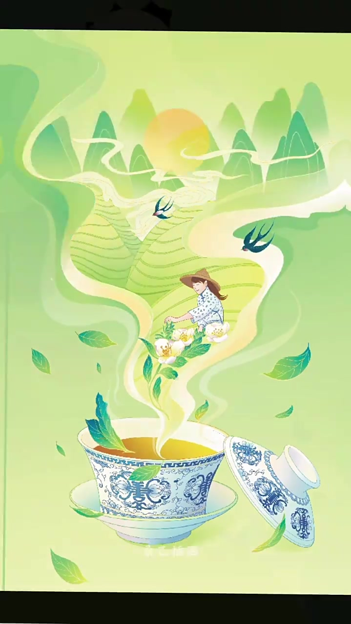春茶原创插画过程四月的幸福感,细雨慢煎一壶春