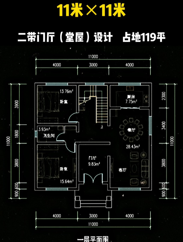 农村二层实用别墅图纸设计,11米×11米,门厅可做堂屋用