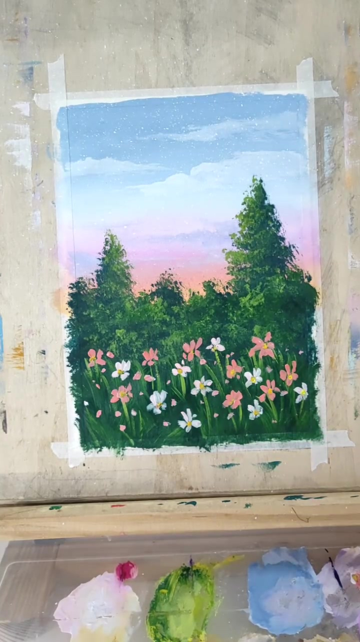 水粉风景画水粉颜料普兰天蓝白玫红橘黄淡黄草绿