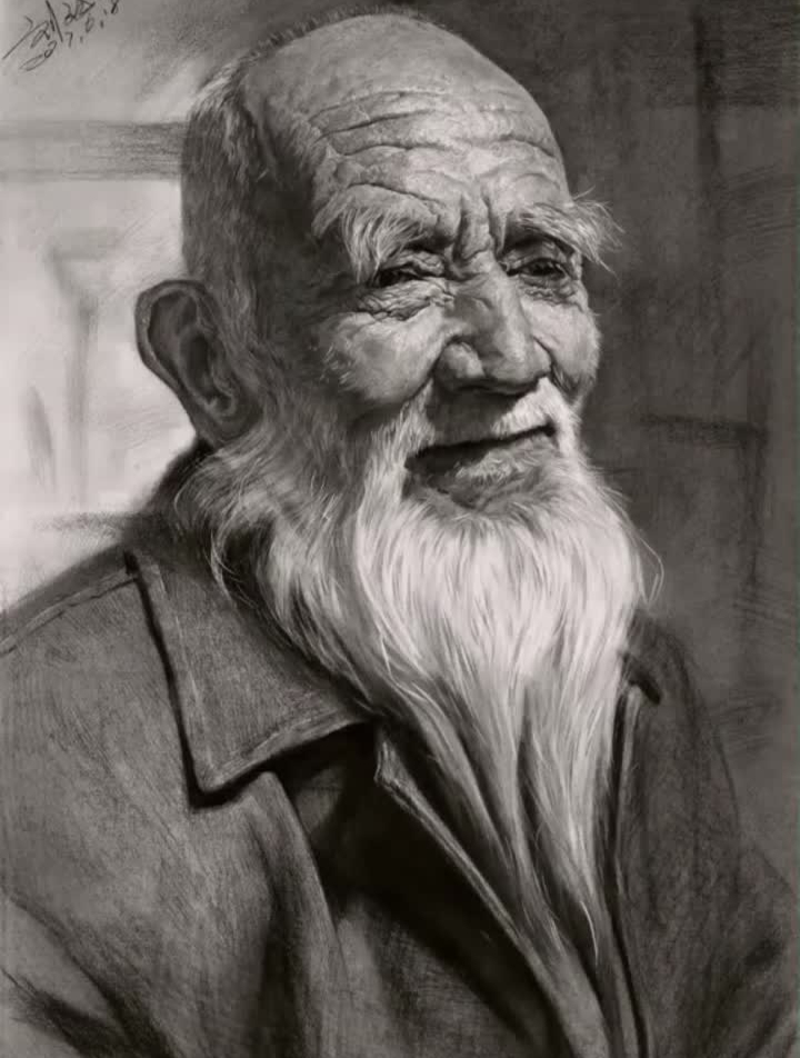 刘斌老师中期写实素描头像——须发皆白的老者画画素描-度小视
