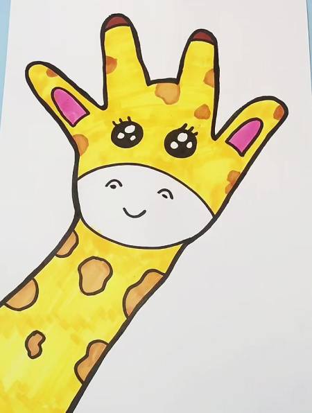 教你用手掌画益一只可爱的长颈鹿,简笔画,儿童简笔画教程