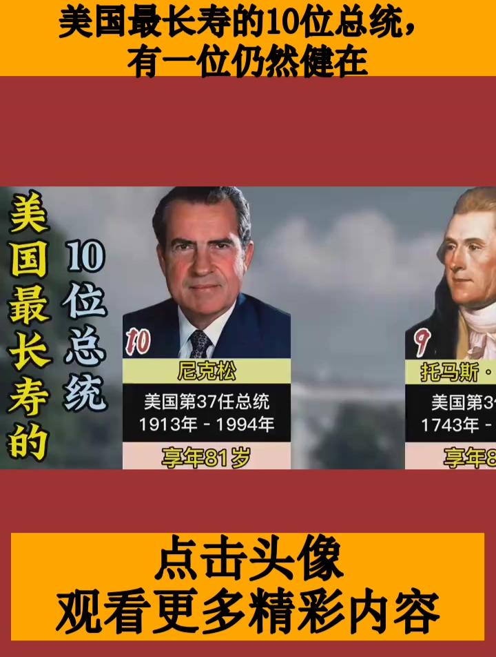 美国最长寿的10位总统有一位仍然健在