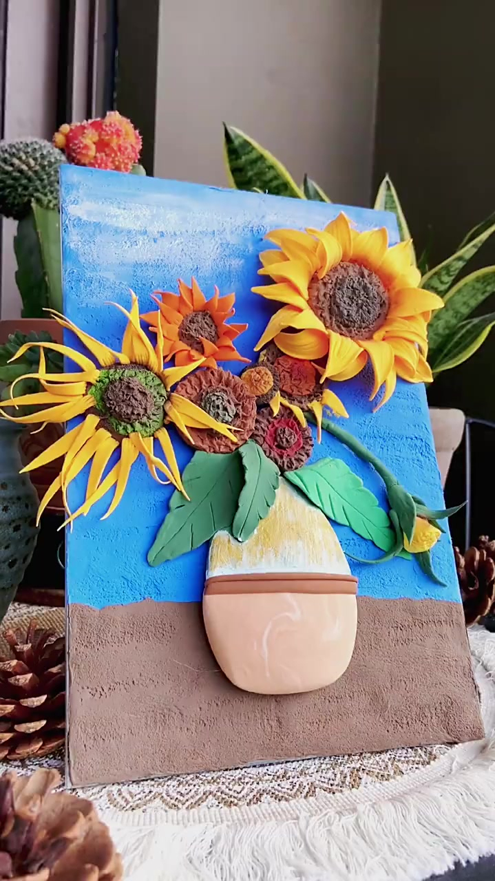 粘土教程《向日葵》梵高,浮雕画-度小视