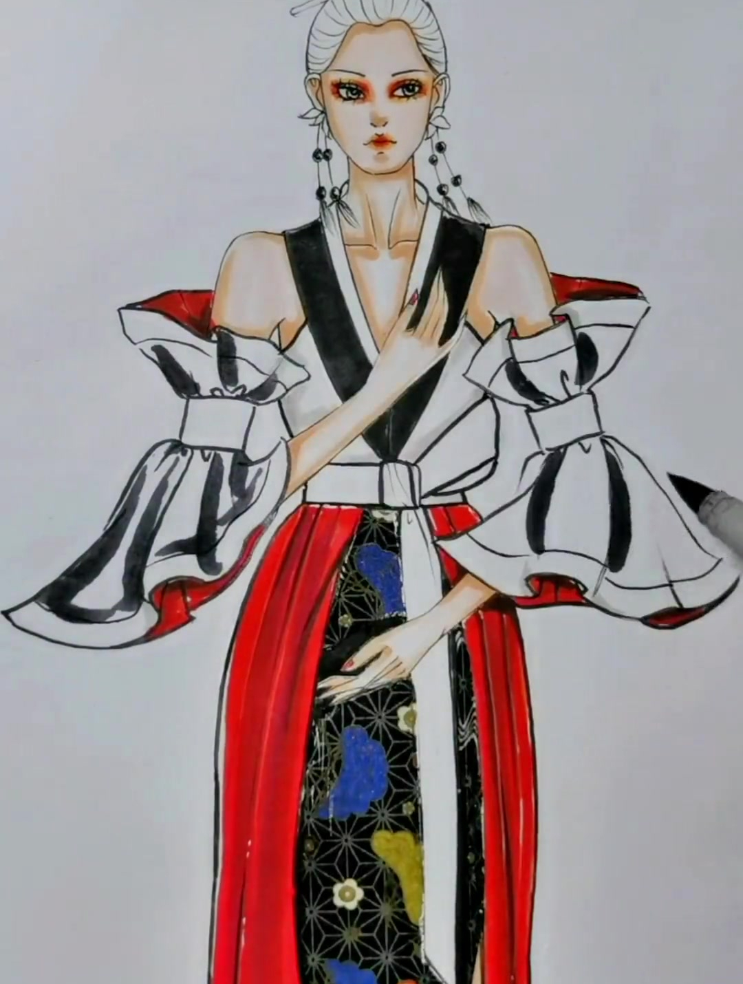 古风元素结合现代款式,马克笔结合贴纸时装画-度小视