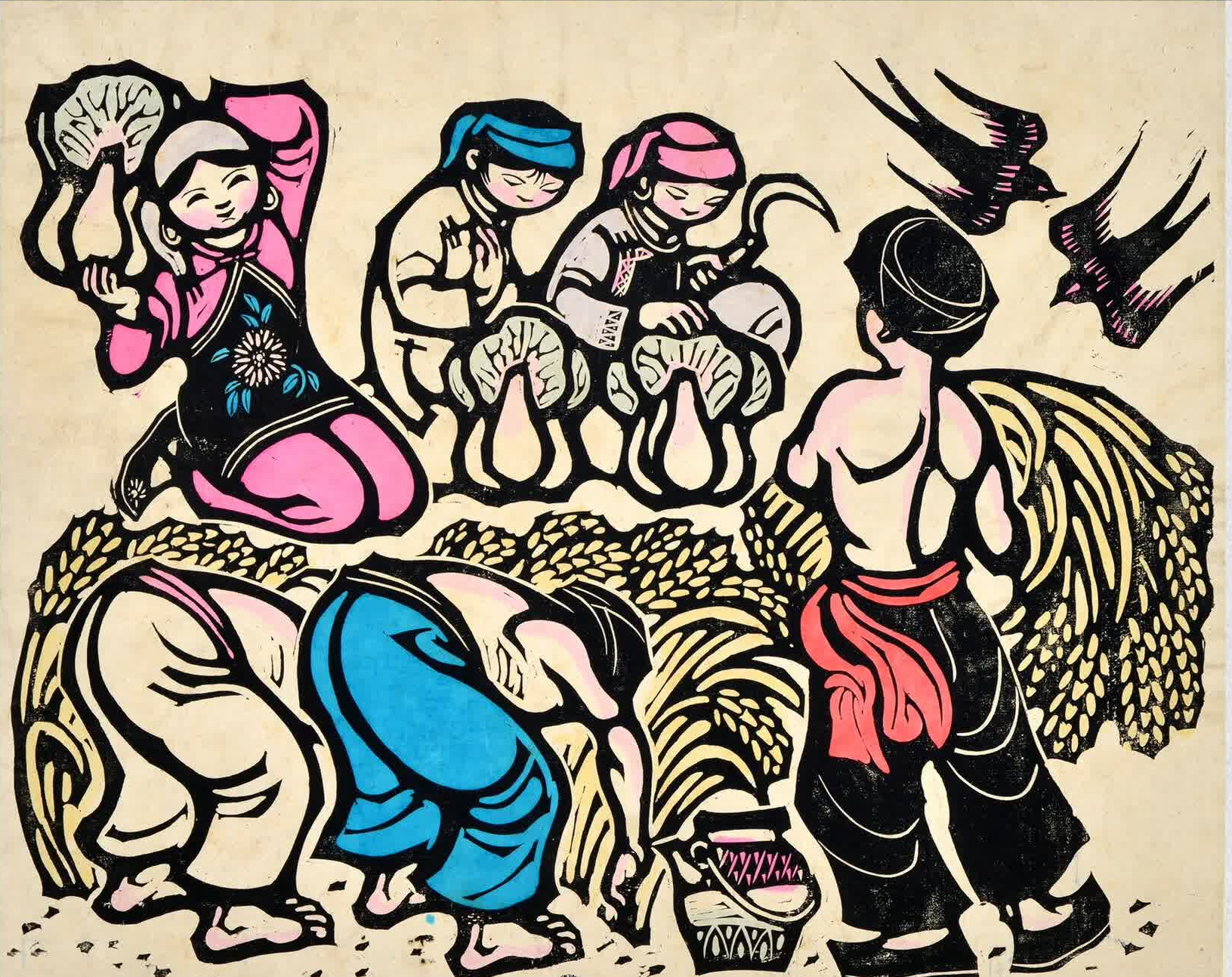 红色年代版画,公社歌手,大队喜添彩色电视机,陕南陕北是一家