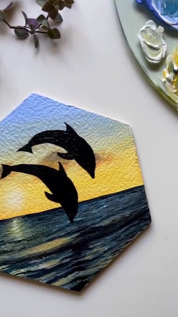 丙烯画,海豚跳海,绘画日常