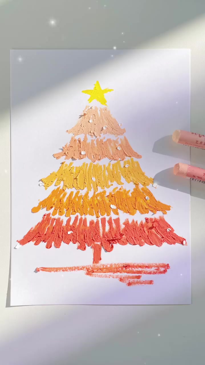 油画棒,橙色圣诞树,有手就能画的新手教程