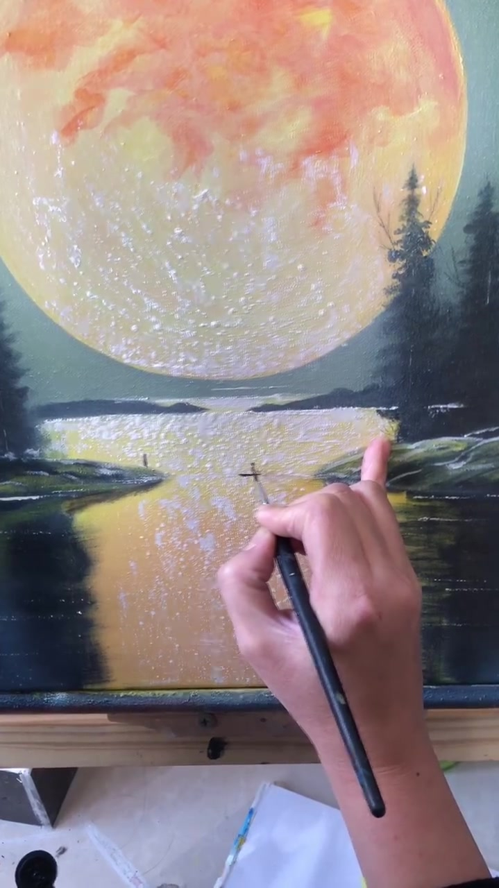 丙烯画风景画,明月波光湖面