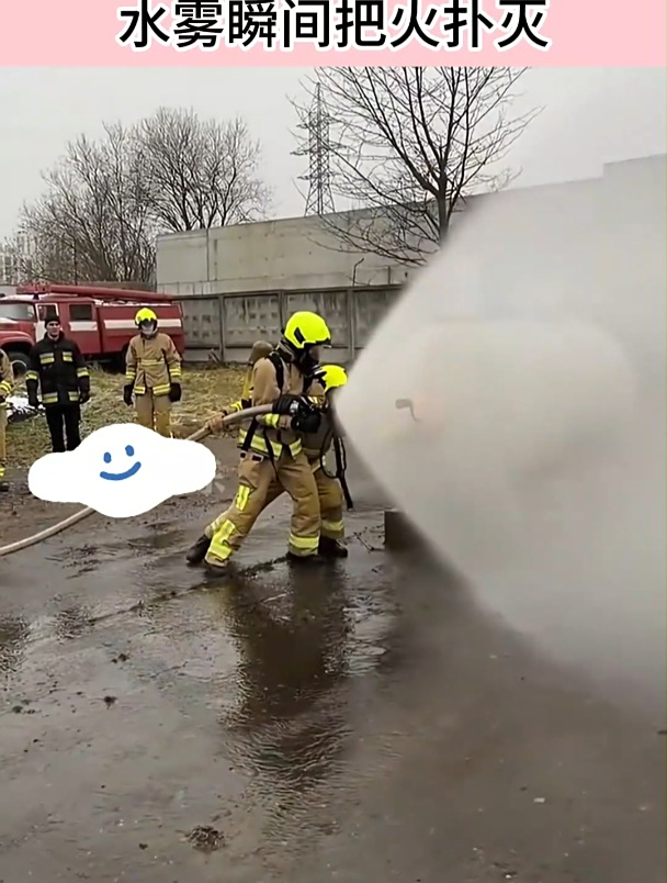 消防员演练灭火现场,水枪威压是巨大的,水雾瞬间把火扑灭-度小视
