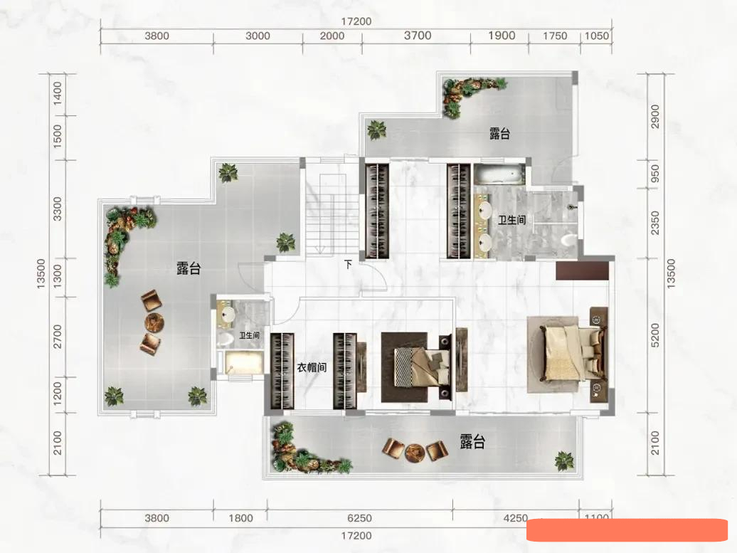 220平米顶层复式户型三个大露台阳台宽度超10m