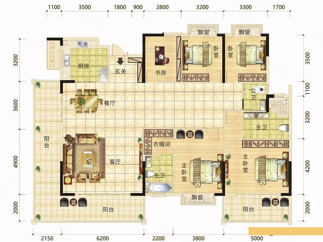 256平米极品五室户型,转角阳台长度接近19m
